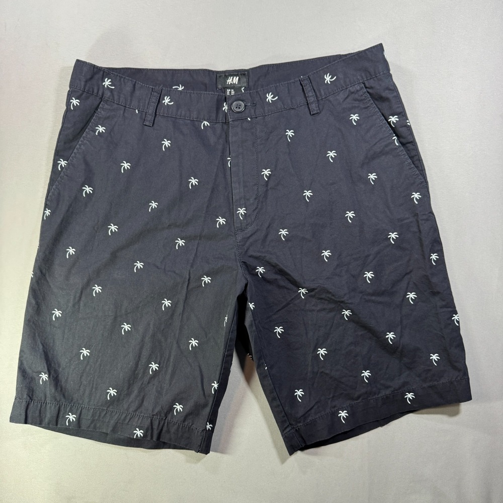 H&M Mens Chino Shorts 34R Navy Blue White Palm Tree Embroidered Cotton Summer